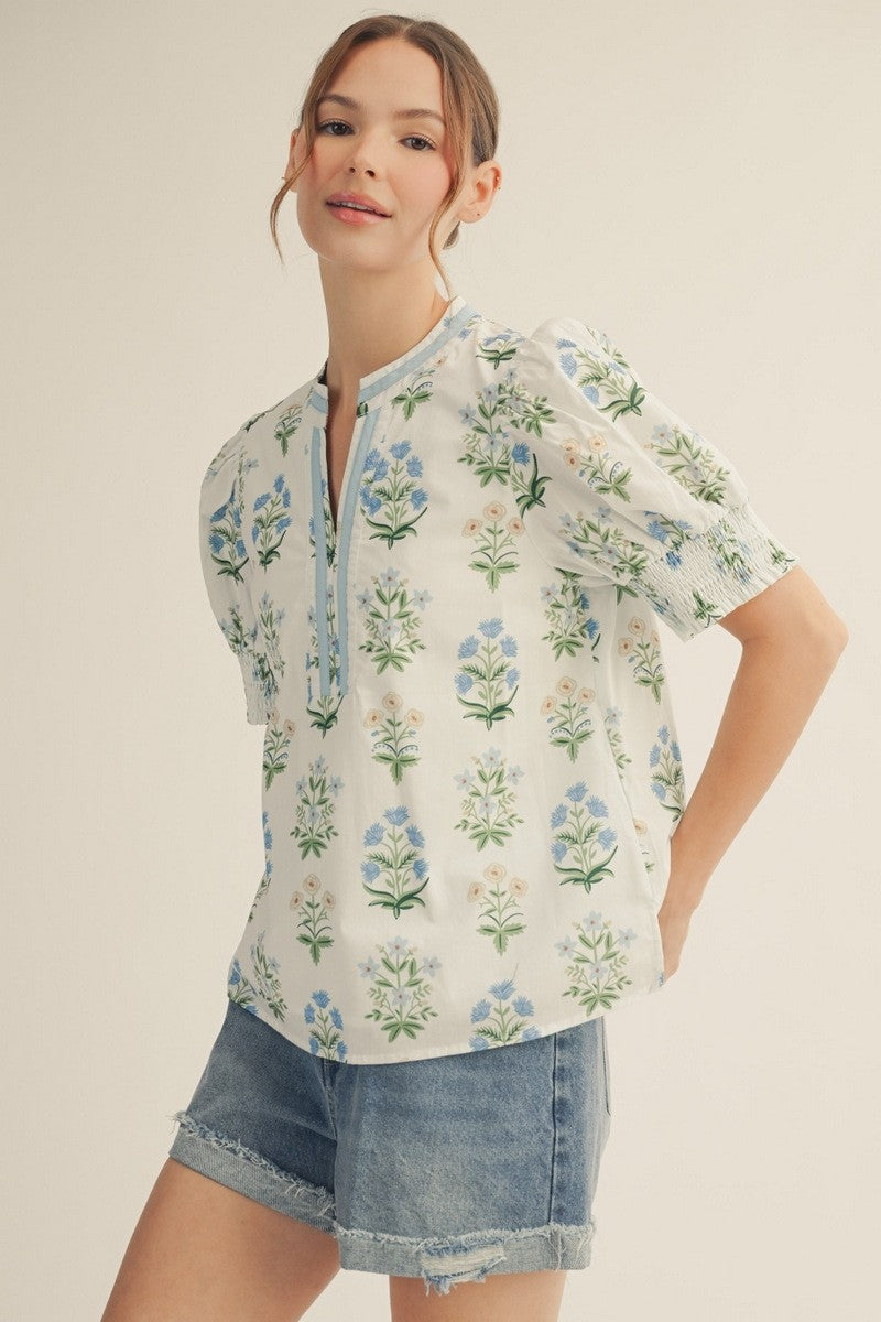 Color Contrast V-notched Neck Floral Top