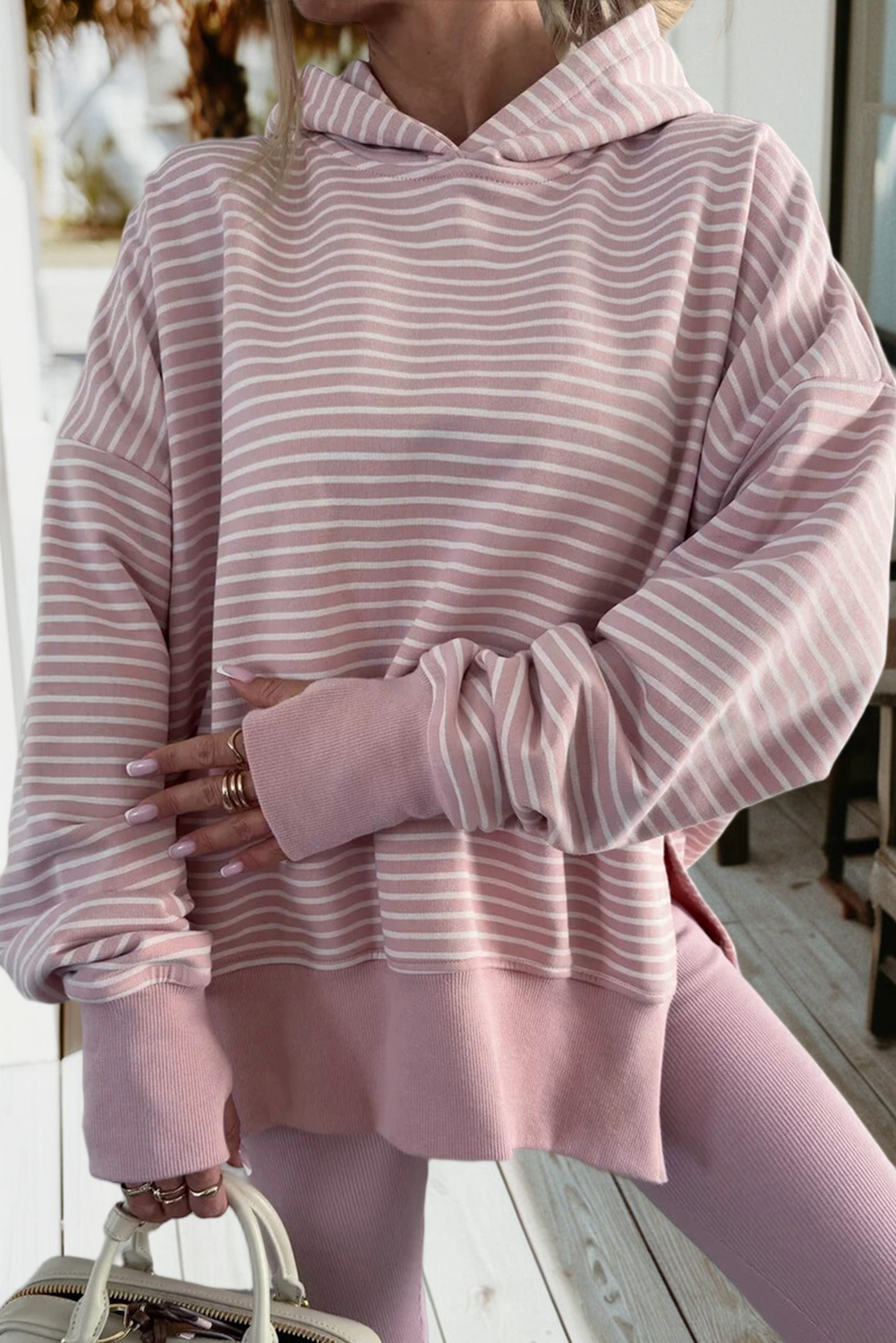 Thumbhole Side Slits Loose Fit Hoodie- M