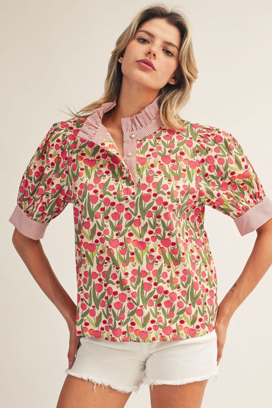 Stripe Contrast Detail Floral Top