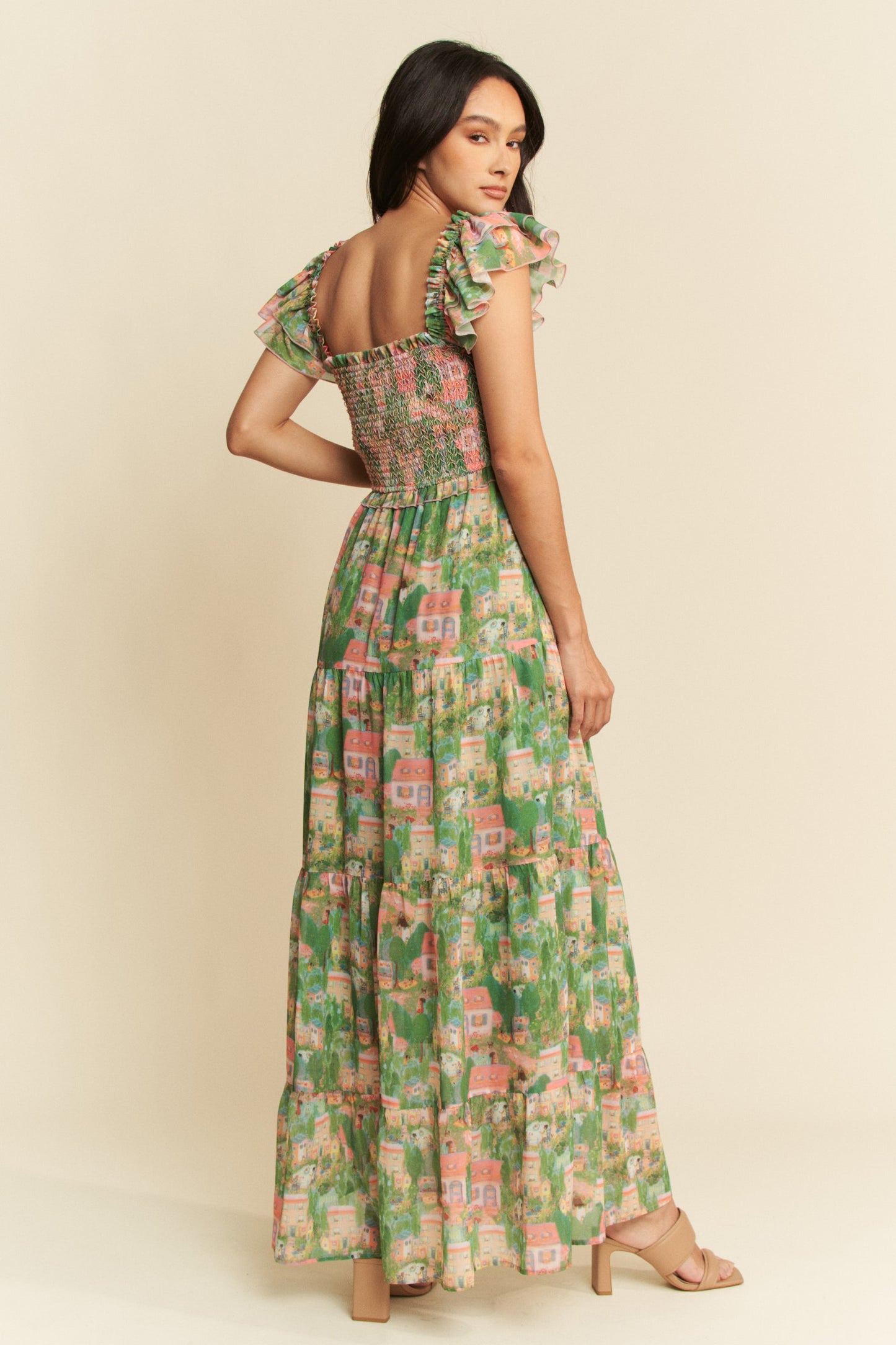 Village Smocking Bodice Ruffle Sleeve Maxi Dress