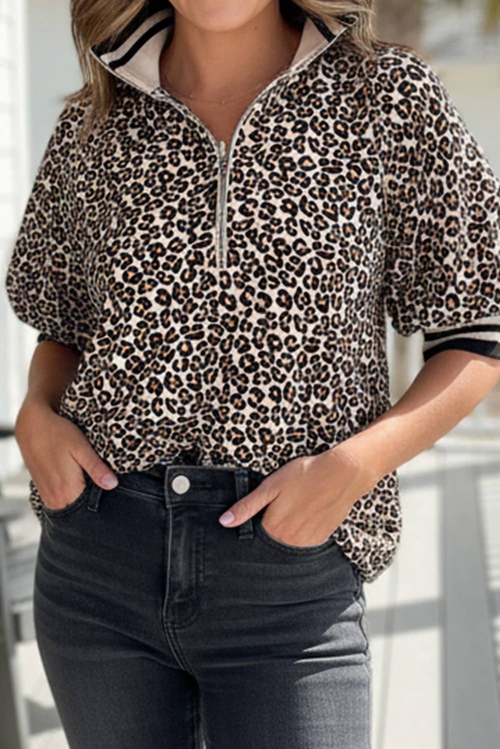Leopard Half Zip Stripe Mock Neck Top-S