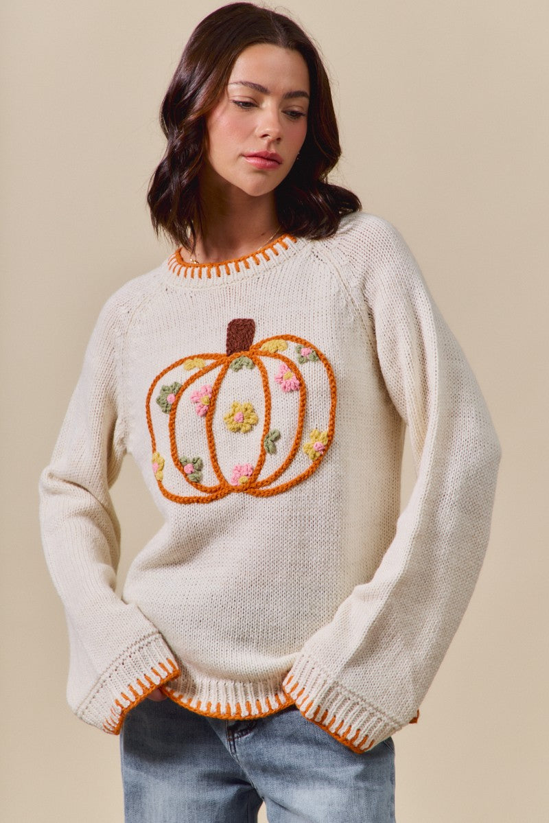 Pumpkin Floral Embroidered Thanksgiving Sweater
