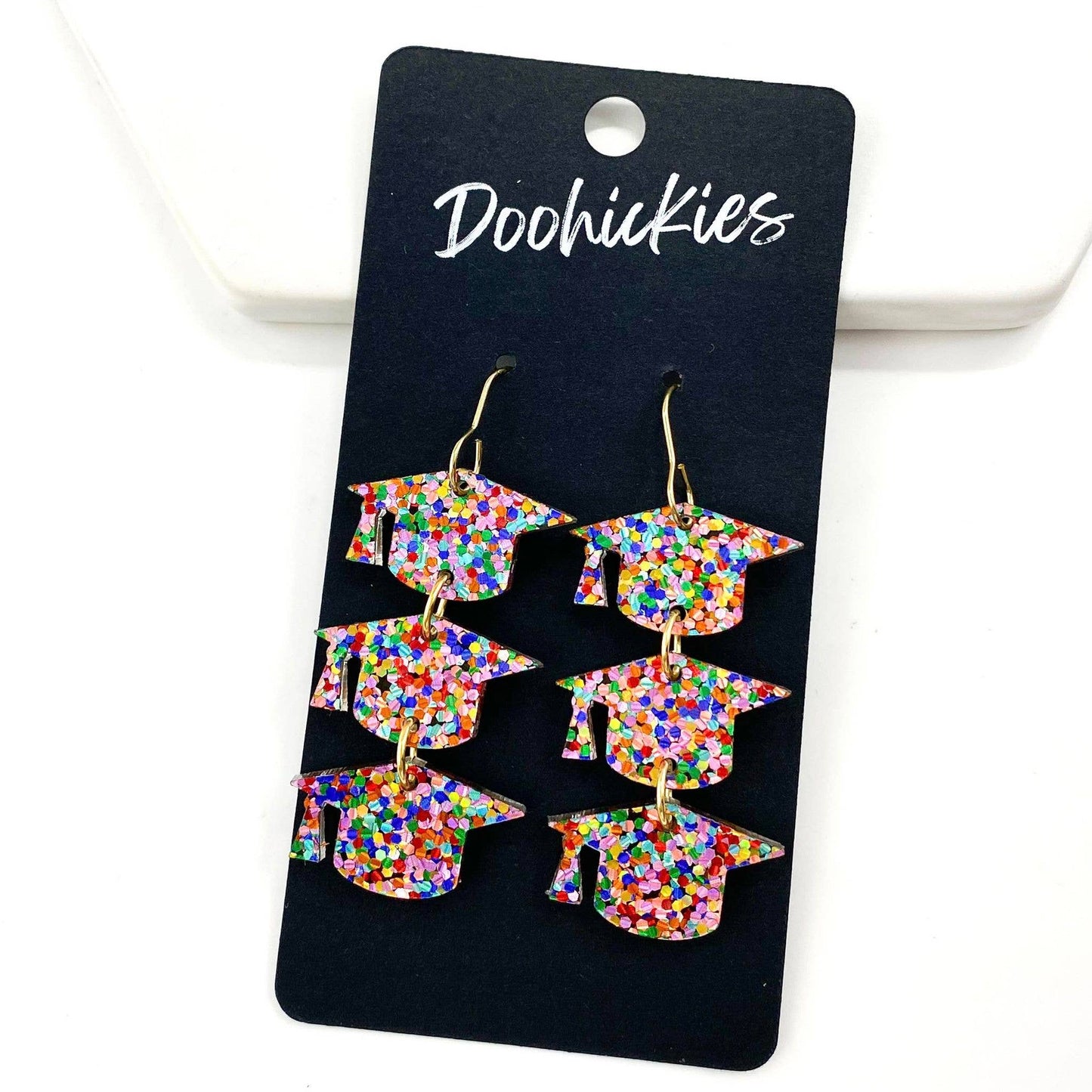 Doohickies - 2" Darling Grad Cap Dangle Drops- Graduation Earrings: Bright Dots
