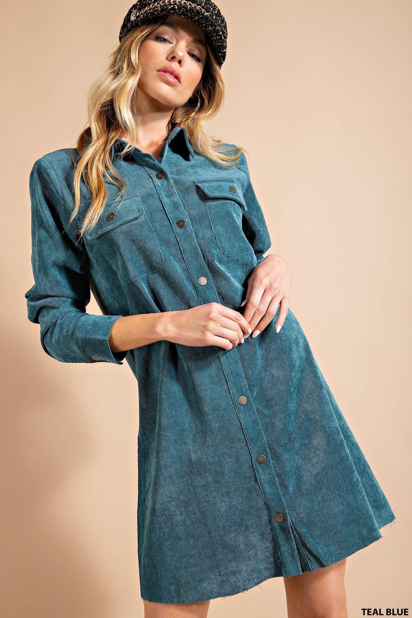 Corduroy Shirt Dress Teal Blue