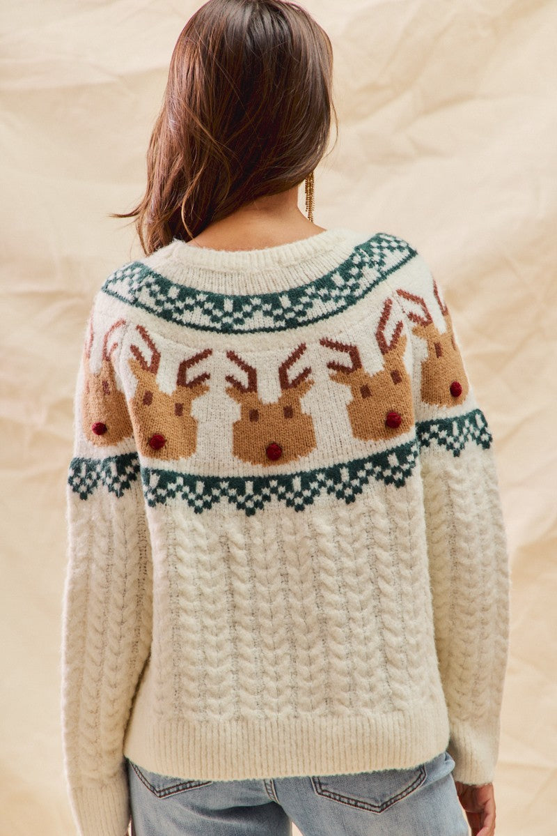Rudolph Face Pattern Textur Christmas Sweater Top