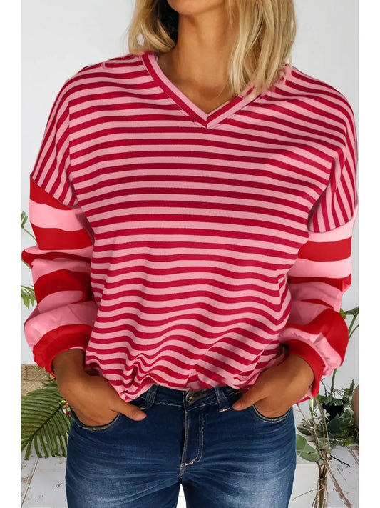 Striped Drop Shoulder Patchwork V Neck Pullover