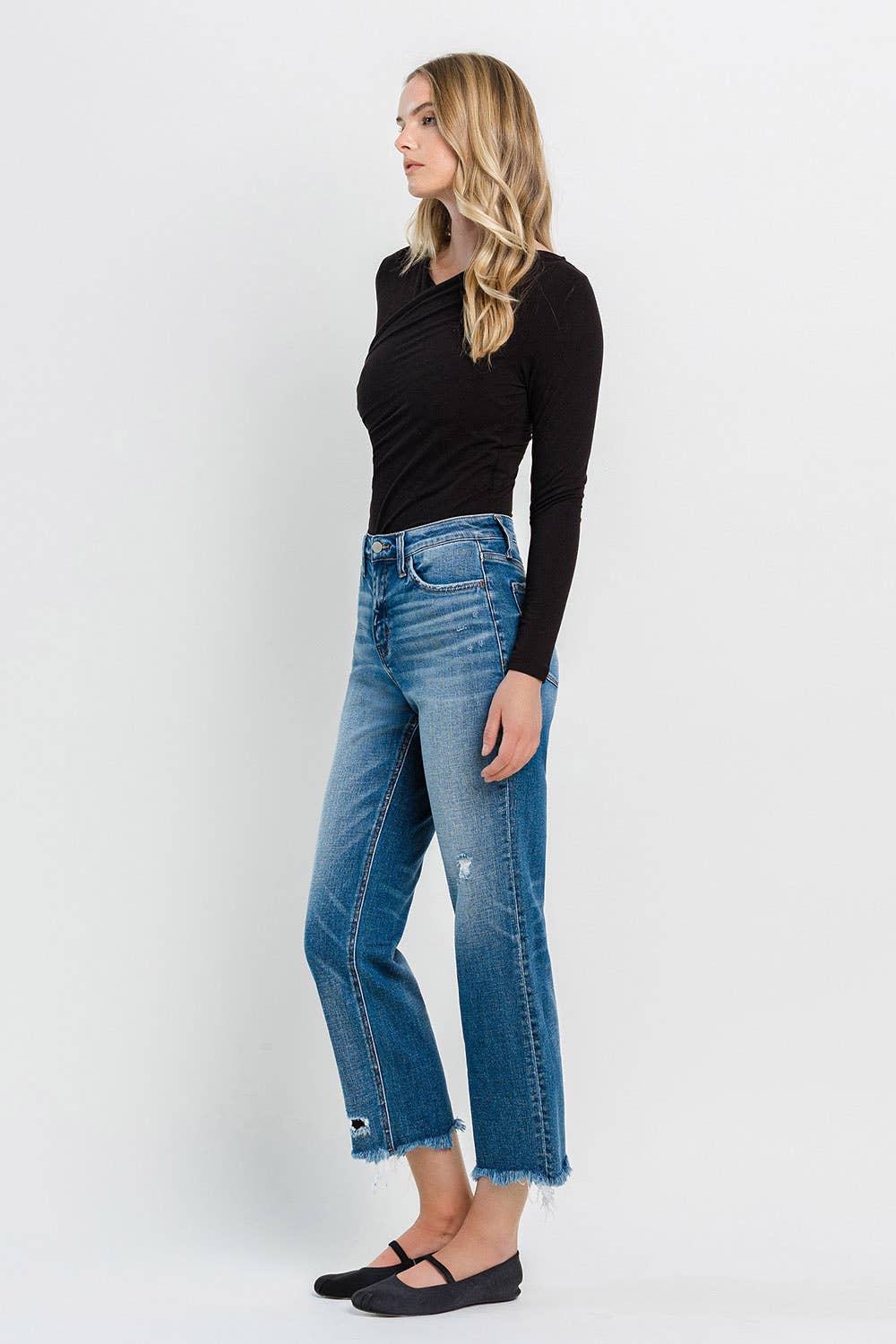 FLYING MONKEY - HIGH RISE FRAYED HEM CROP STRAIGHT JEANS F5569: ADMIRE