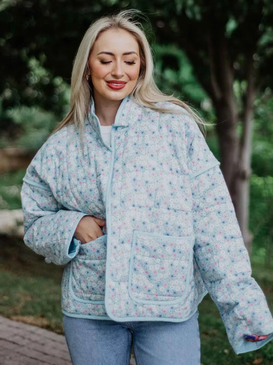 Light Blue Dainty Floral Lightweight Quilted Jacket