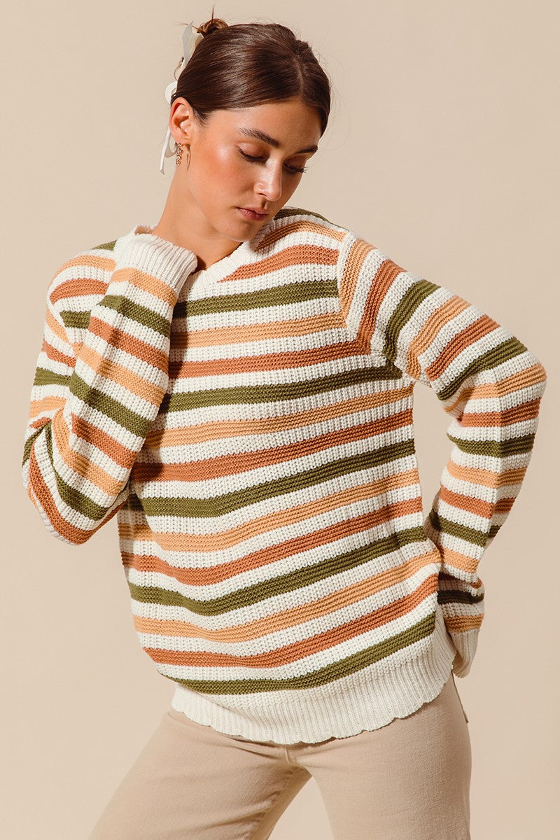 Multi Color Stripe Sweater With Scalloped Edge