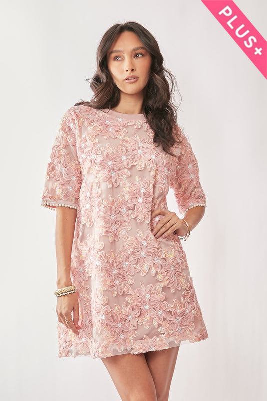 Plus Floral Embroidery Sequined Mesh Mini Dress