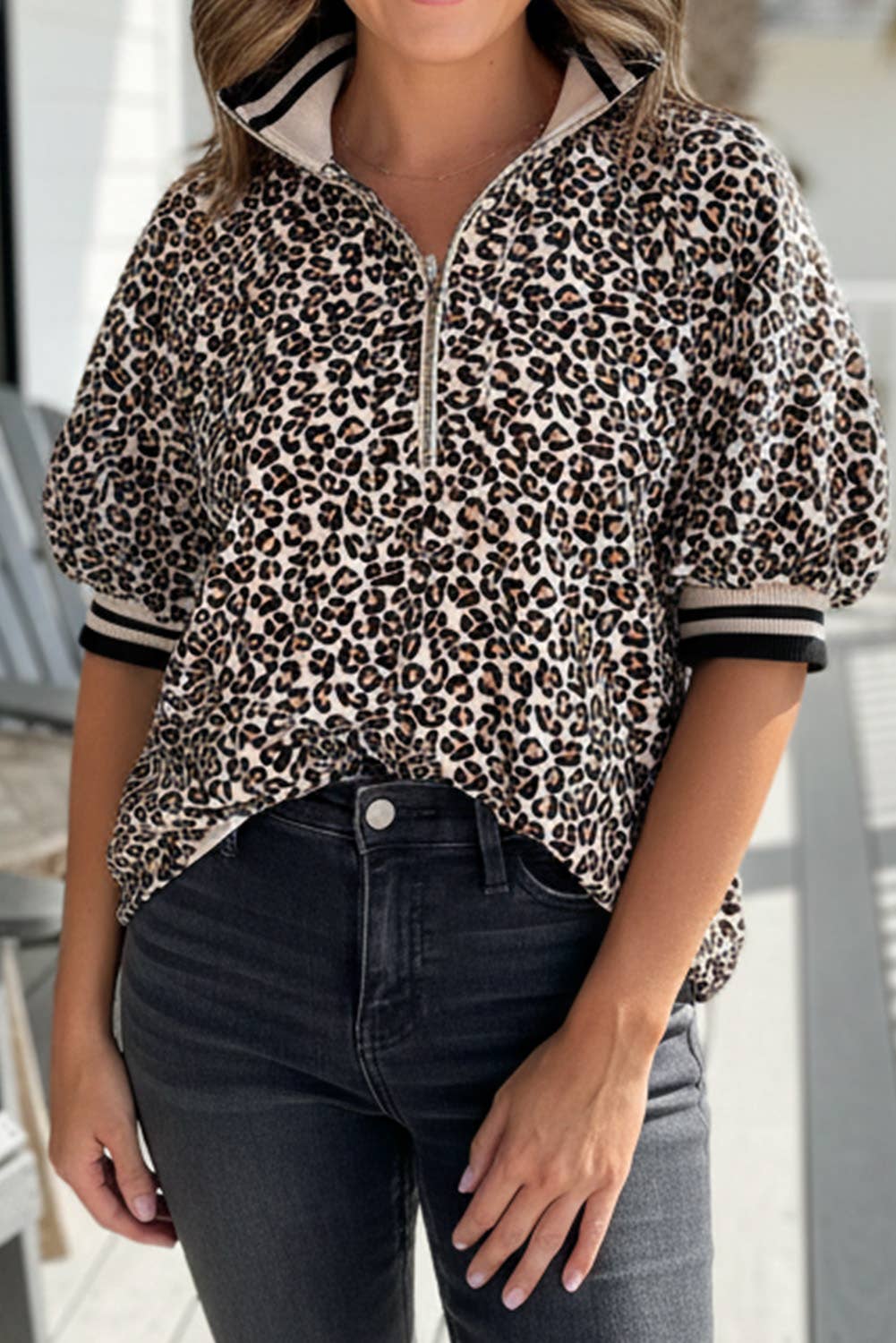 Leopard Half Zip Stripe Mock Neck Top-S