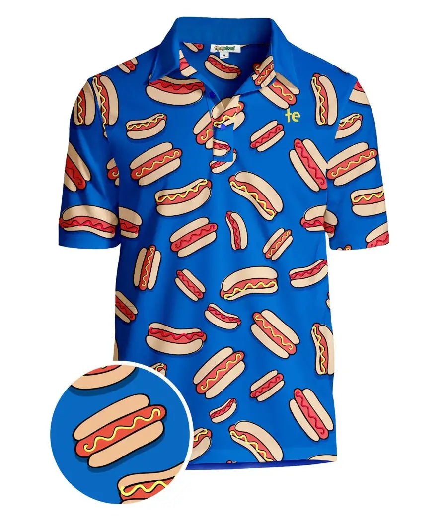 Tipsy Elves - Hot Dog Men's Golf Shirt - Blue Summer Golf Polo: 3XL