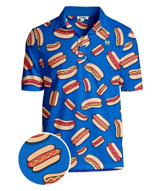 Tipsy Elves - Hot Dog Men's Golf Shirt - Blue Summer Golf Polo: 3XL