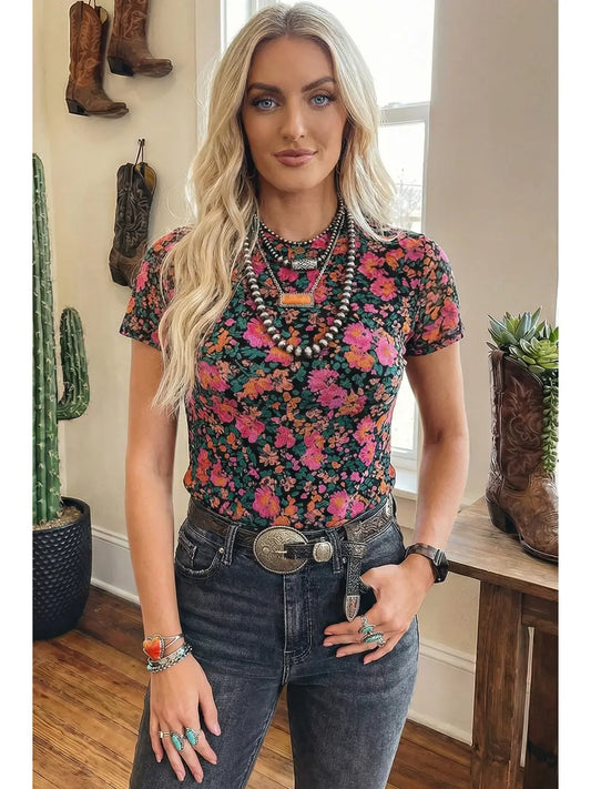 Floral Print Mesh Mock Neck Sheer Slim Fit Blouse