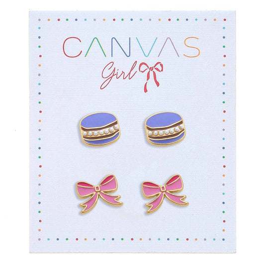 Canvas Style - Madeleine Macaroon & Ribbon Bow Children's Stud Earrings