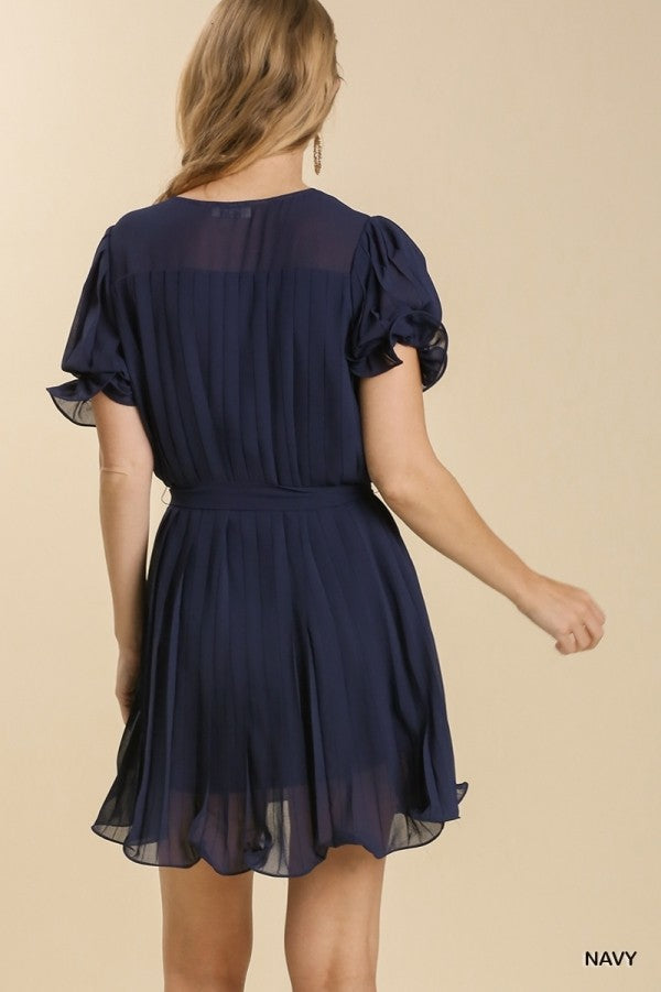 Navy Short Ruffle Cuffed Sleeve Dress