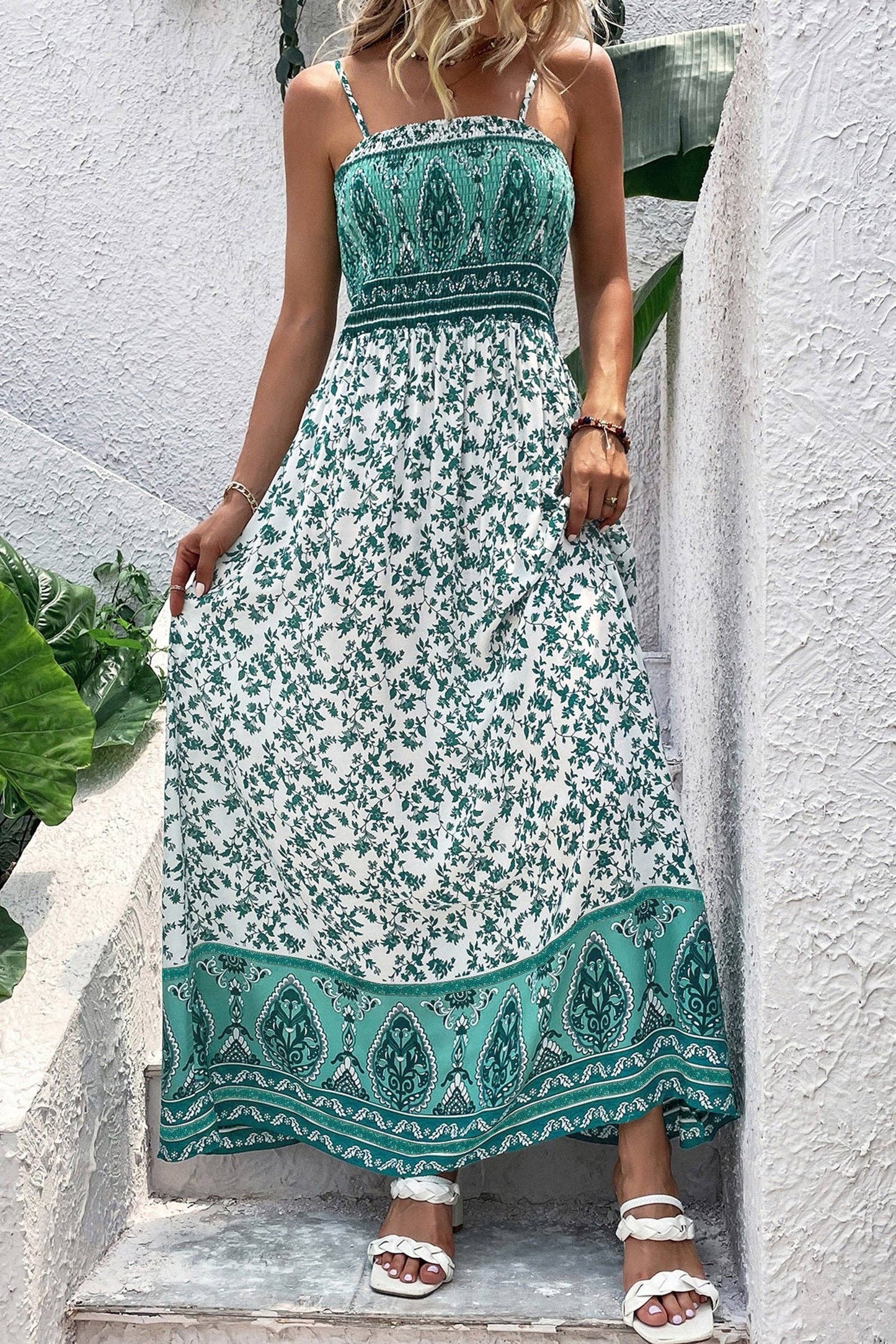 Green Boho Floral Maxi Dress