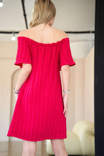 Fuchsia Textured Ruffle Off-Shoulder Dress