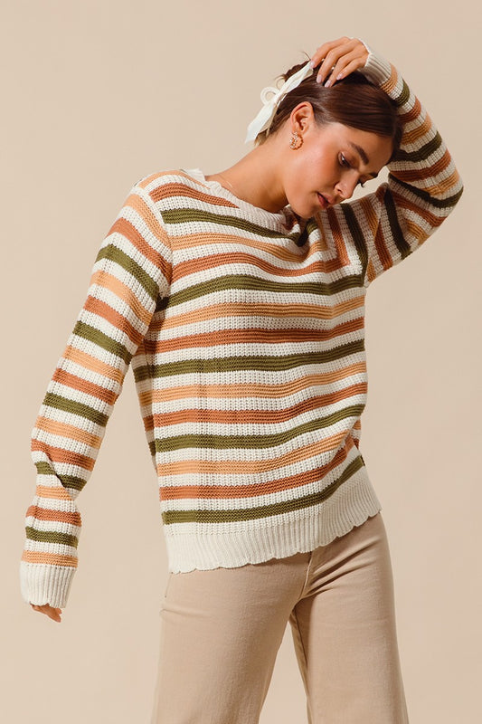 Multi Color Stripe Sweater With Scalloped Edge
