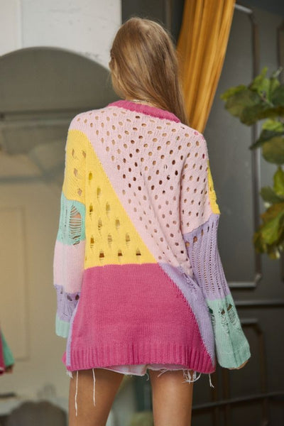 Pastel Color Block Distressed Sweater