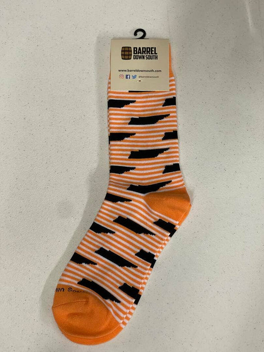 Barrel Down South - Tennessee Orange and White Stripe Black TN Shape Socks