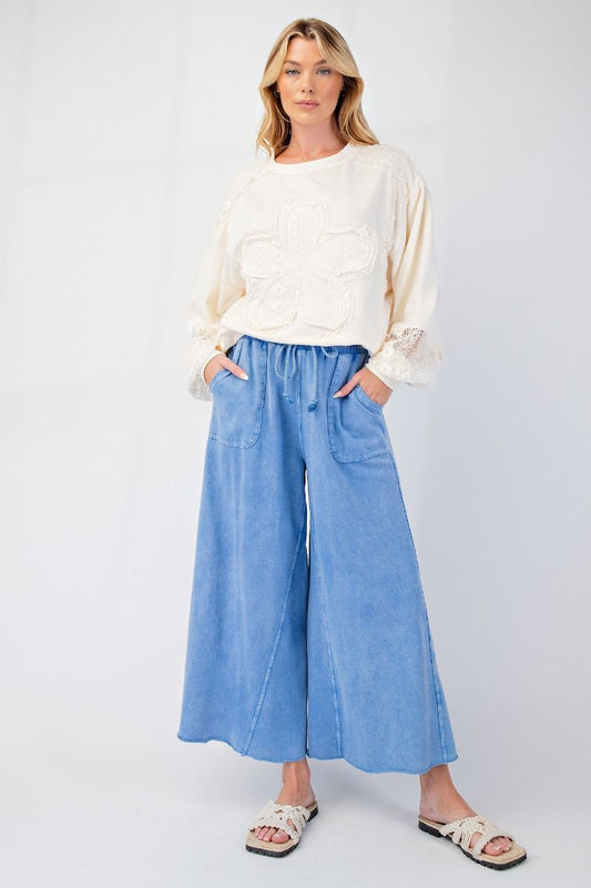 Cornflower Blue WASHED TERRY KNIT WIDE PANTS