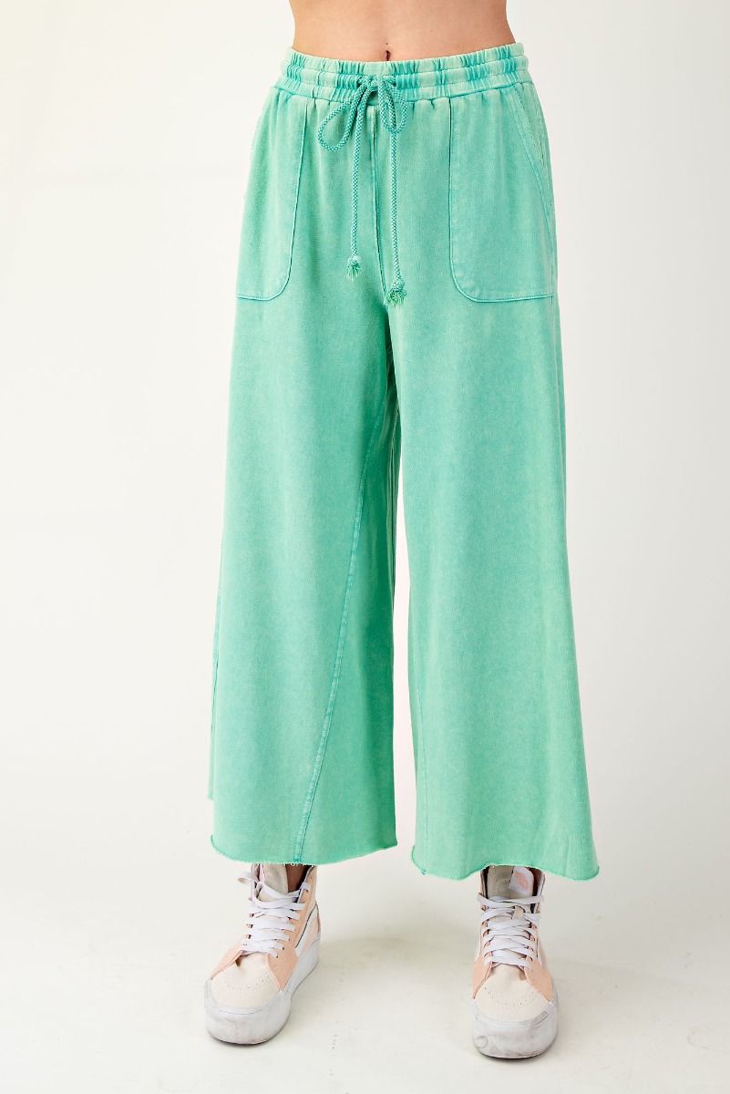 WASHED TERRY KNIT WIDE PANTS-GREEN