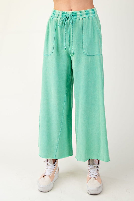 WASHED TERRY KNIT WIDE PANTS-GREEN