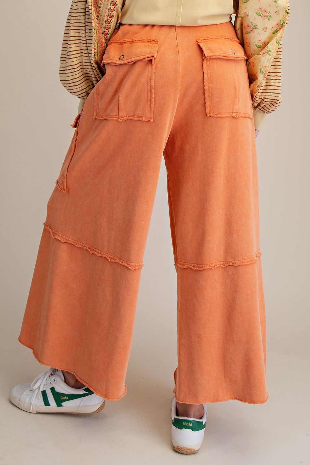 WASHED WIDE LEGS TERRY CARGO PANTS-ORANGE