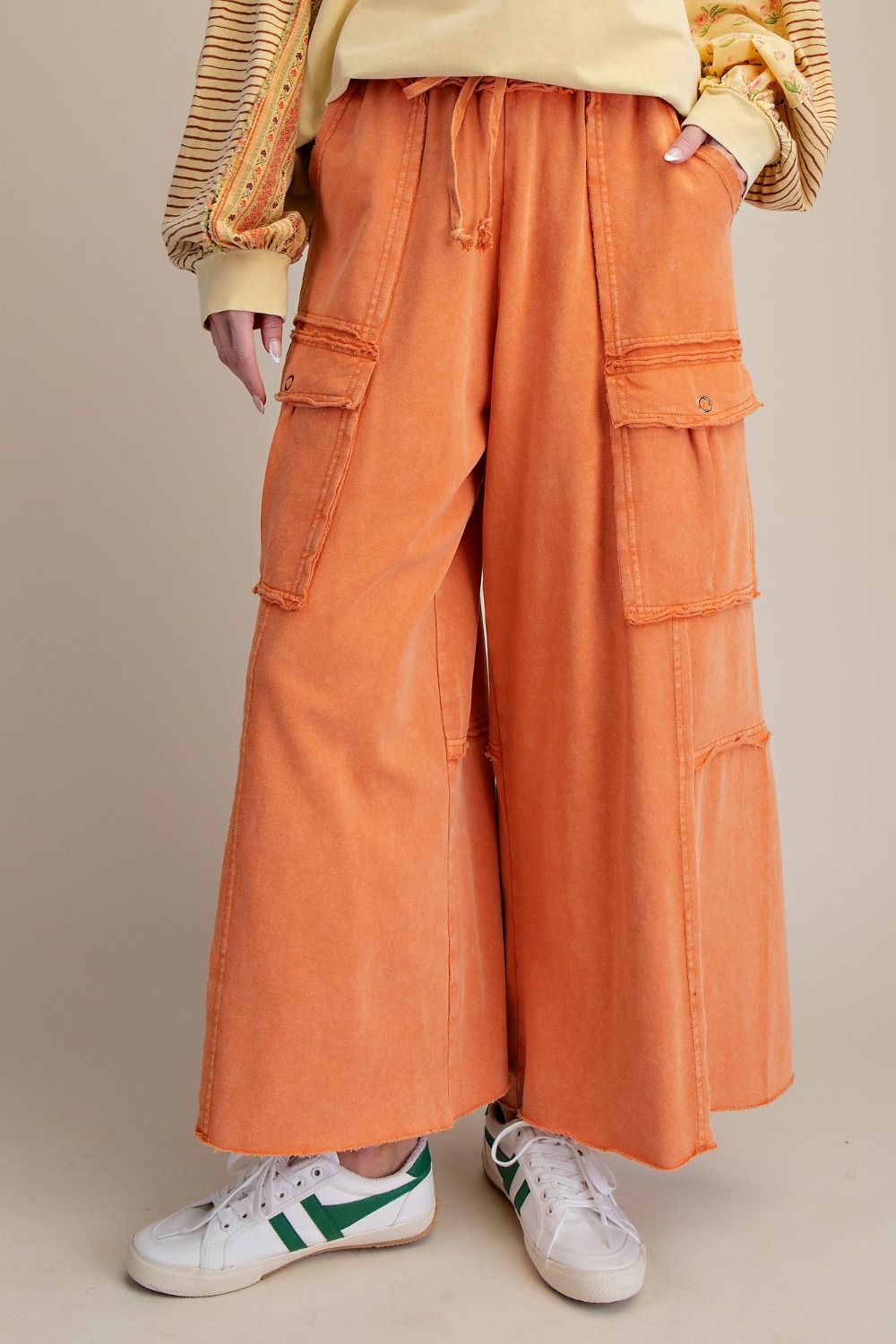 WASHED WIDE LEGS TERRY CARGO PANTS-ORANGE