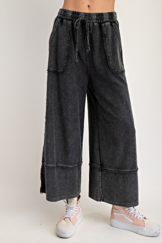 MINERAL WASHED TERRY PALAZZO PANTS-BLACK
