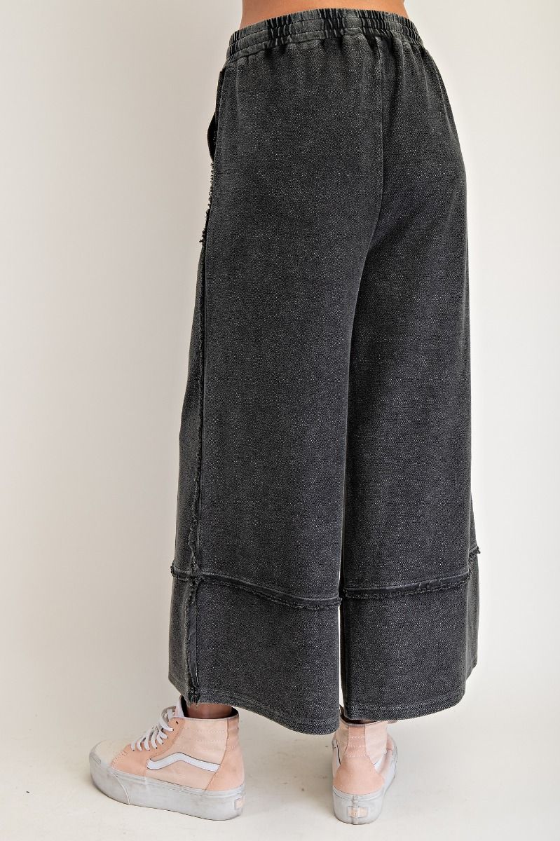 MINERAL WASHED TERRY PALAZZO PANTS-BLACK