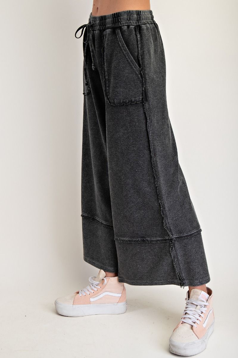 MINERAL WASHED TERRY PALAZZO PANTS-BLACK