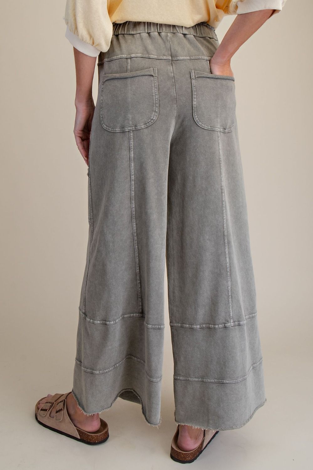 MINERAL WASHED TERRY KNIT PANTS-ASH