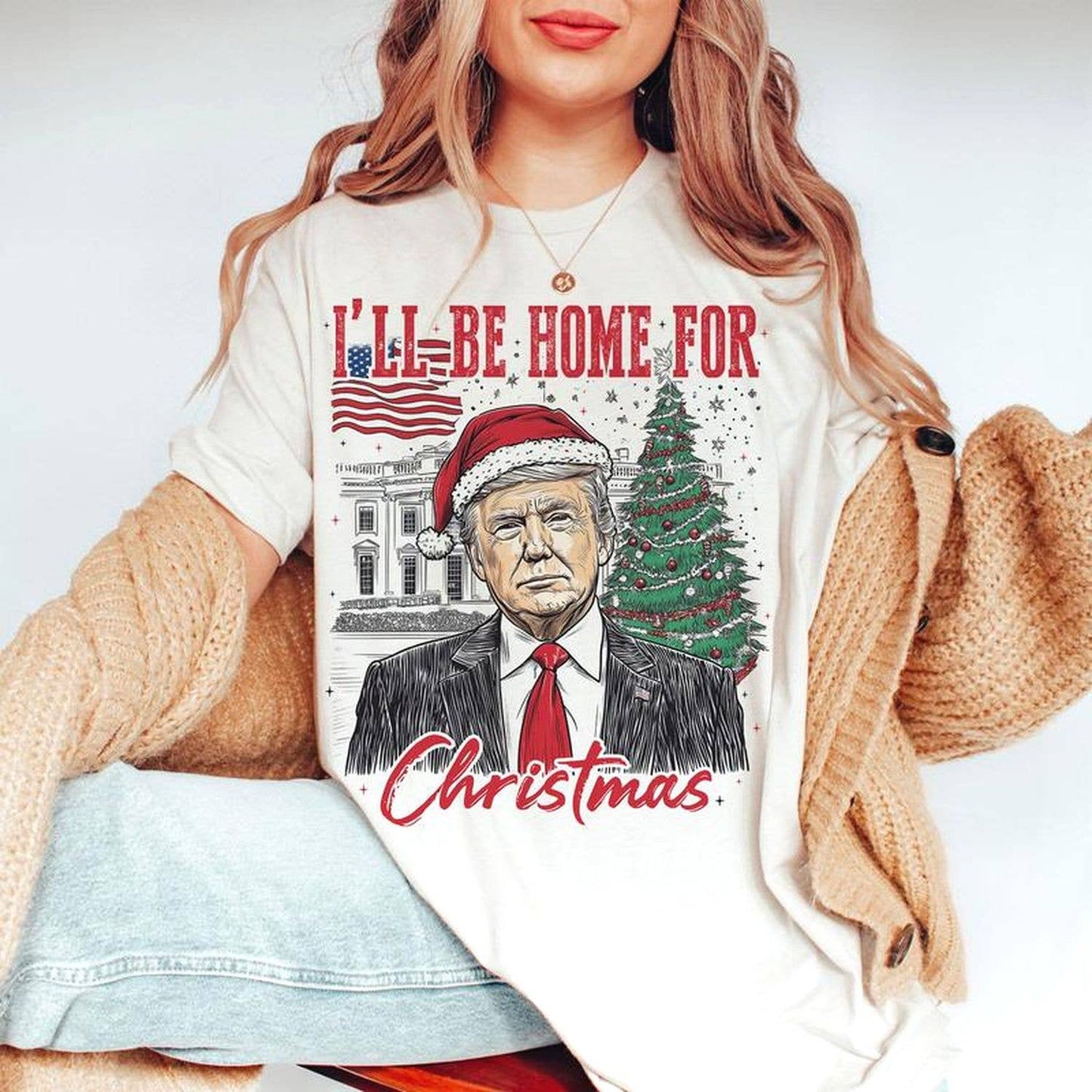 TheKingShirt - Trump Ill Be Home for Christmas - Funny Holiday T-Shirt: T-shirt / White / M