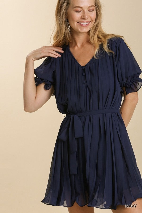 Navy Short Ruffle Cuffed Sleeve Dress