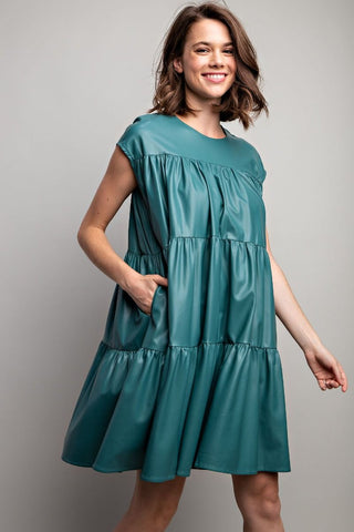 Faded Teal Leather Tiered Dress