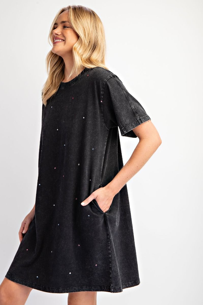 Rhinestone Mineral Washed Tunic Dress