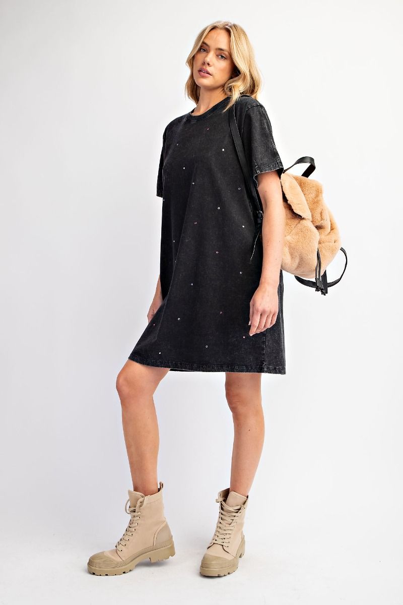 Rhinestone Mineral Washed Tunic Dress