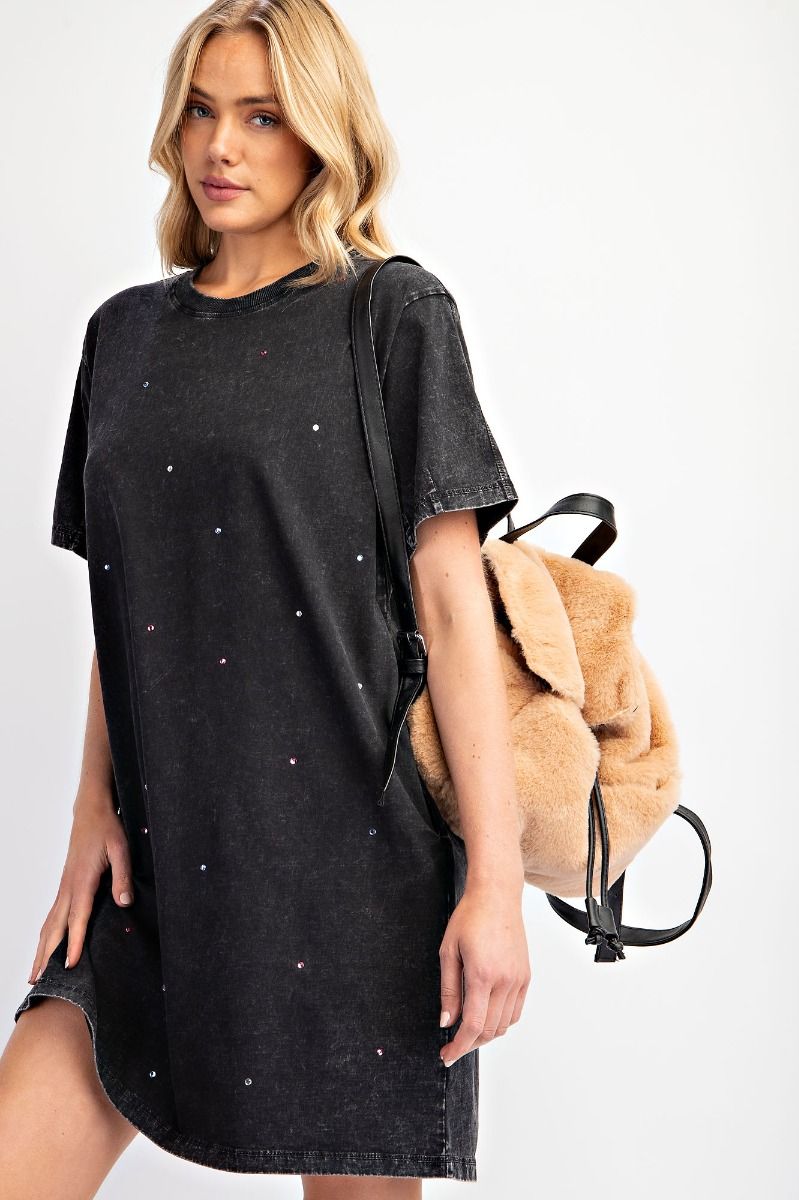 Rhinestone Mineral Washed Tunic Dress