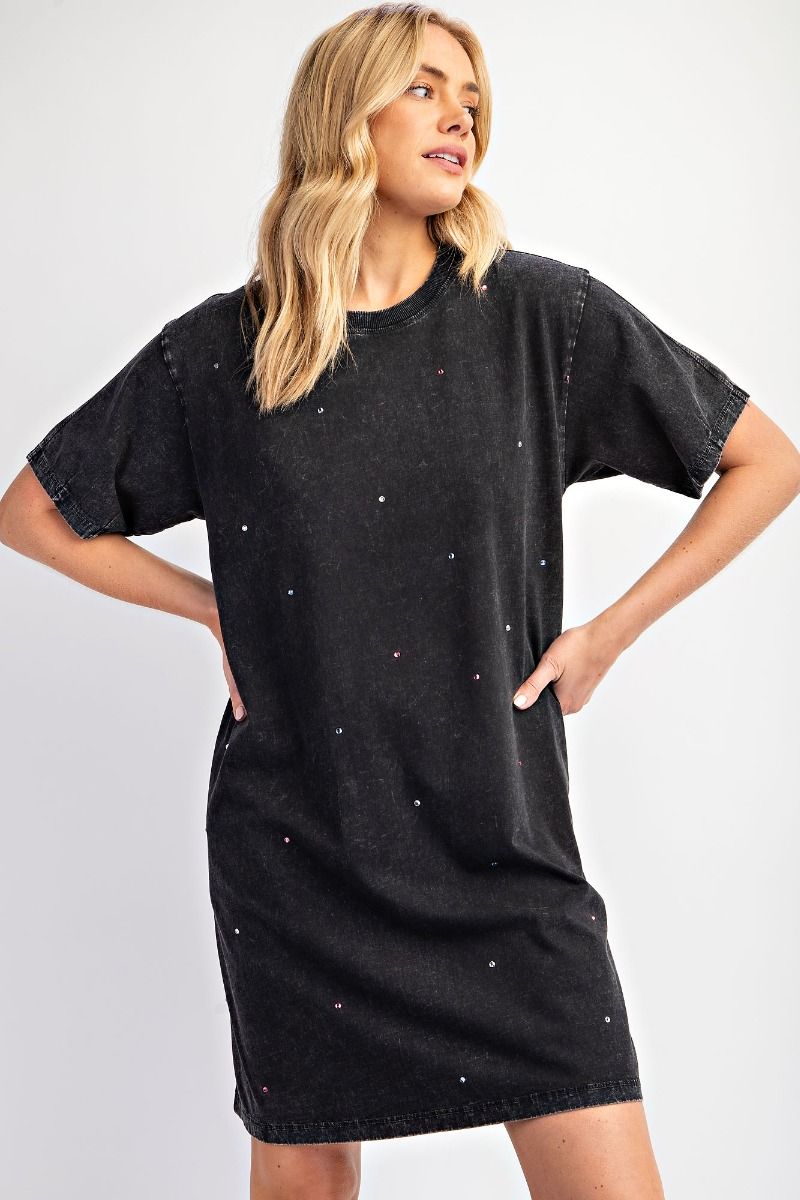 Rhinestone Mineral Washed Tunic Dress