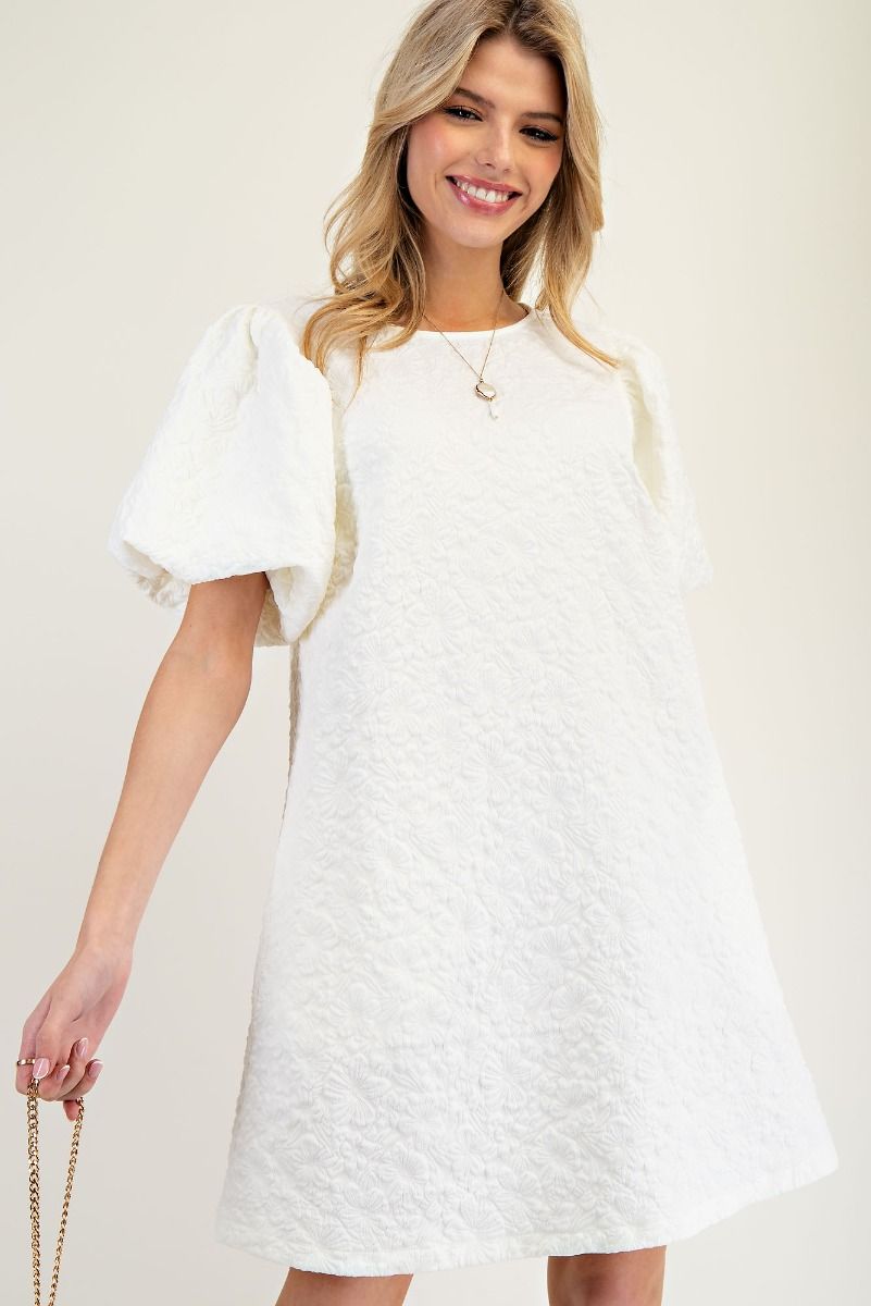 Off White Puff Sleeve Jacquard Woven Dress