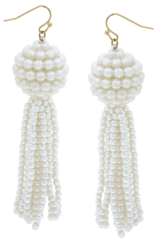 Edie Pearl Beaded Tassel Drop Earrings in Ivory