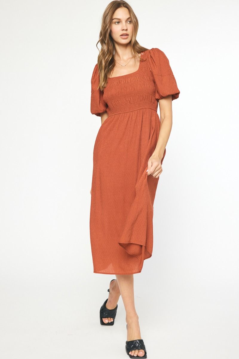 Rust Textured Midi Dress W/Puff Sleeve