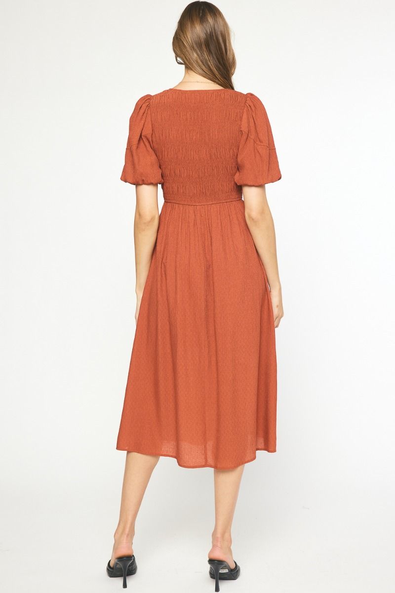 Rust Textured Midi Dress W/Puff Sleeve