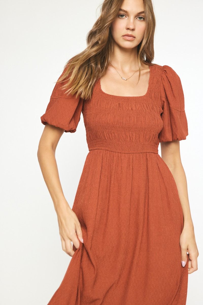 Rust Textured Midi Dress W/Puff Sleeve