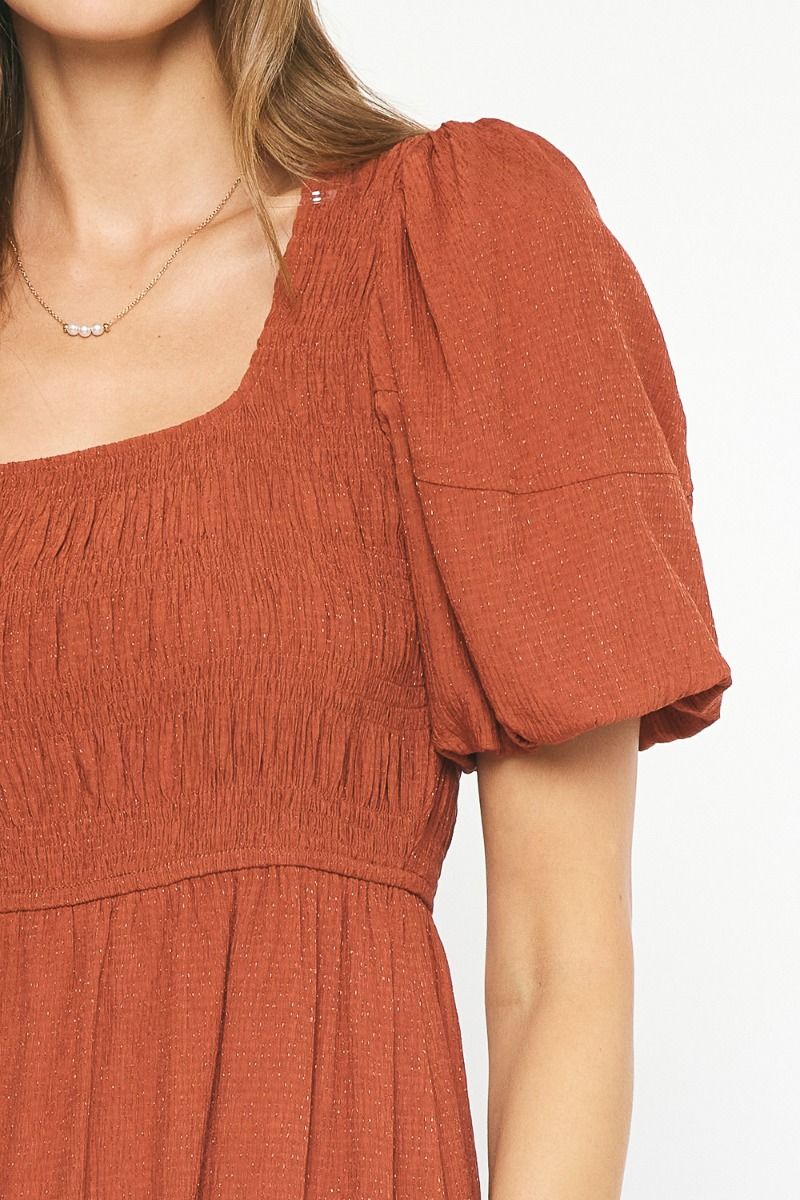 Rust Textured Midi Dress W/Puff Sleeve