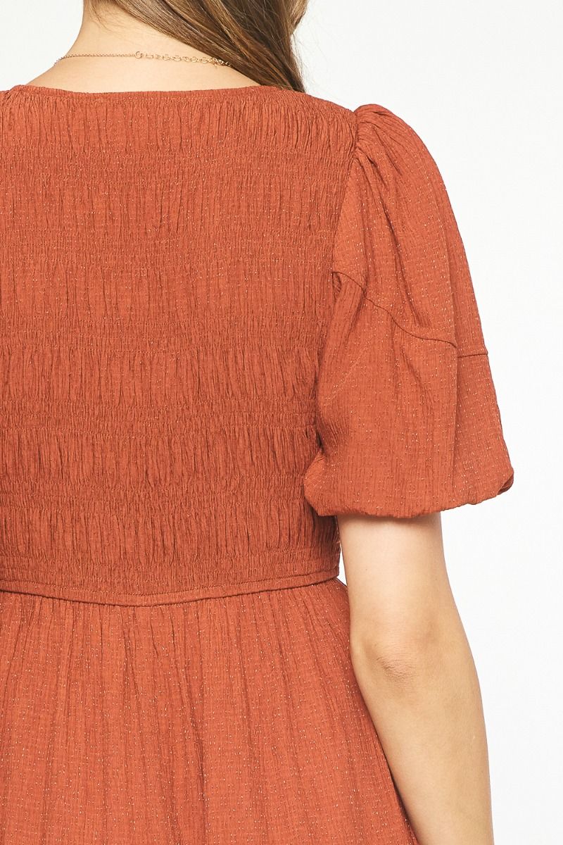 Rust Textured Midi Dress W/Puff Sleeve