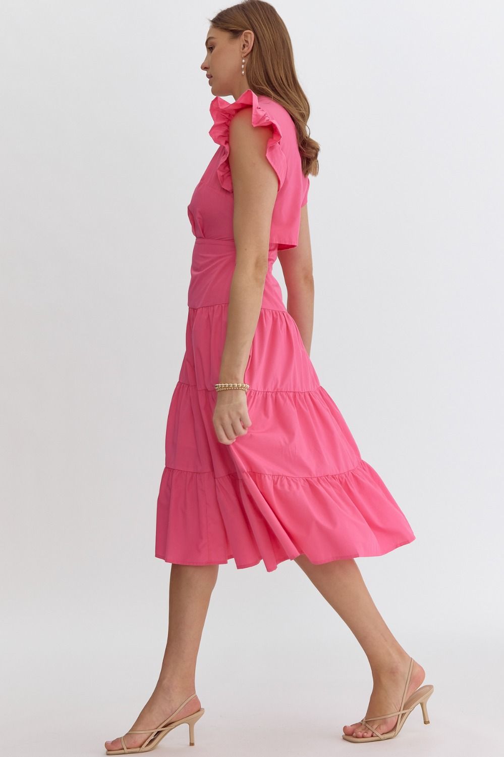 Solid Ruffle Sleeve Midi Open Back Dress