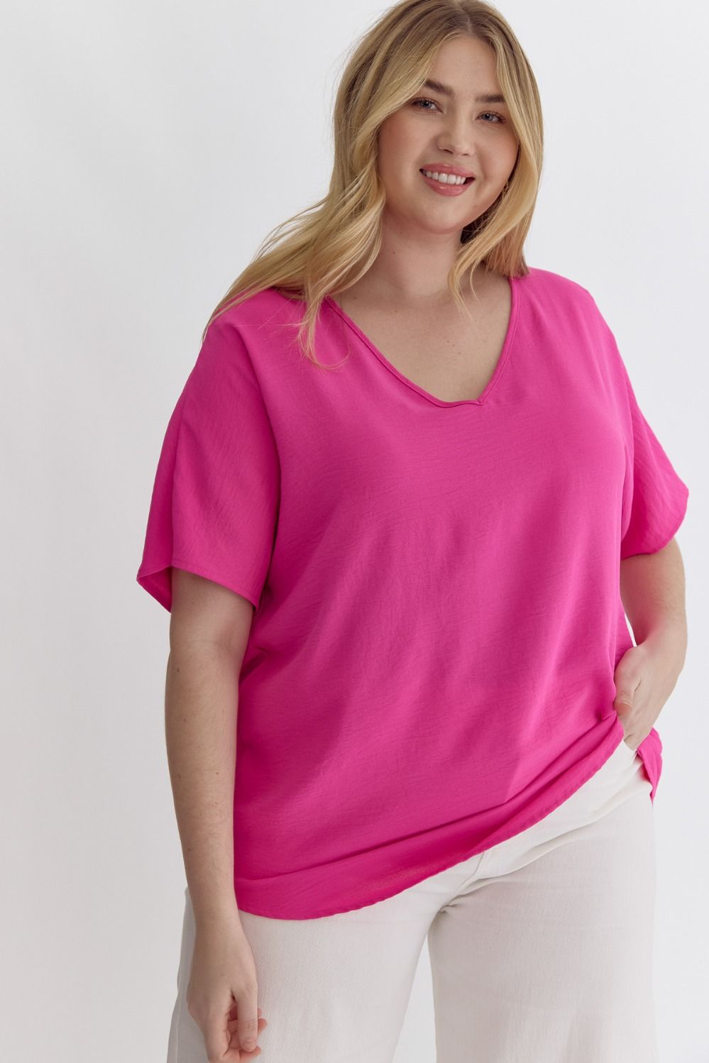 Solid V-Neck Asymmetric Round Hem